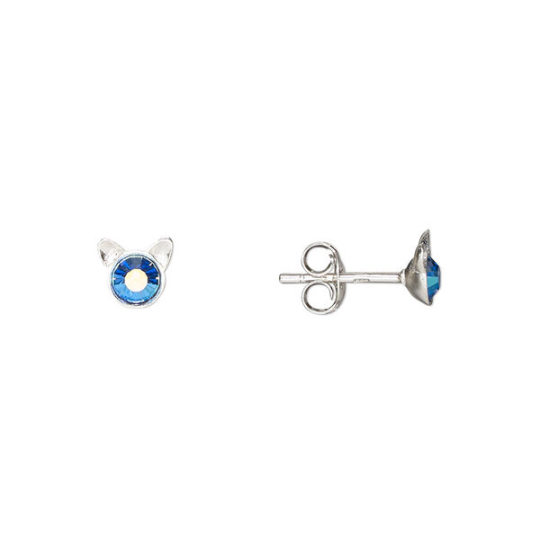 Earstud, Create Compliments®, sterling silver and crystal, blue, 6.5x6mm cat. Sold per pair. image number 0