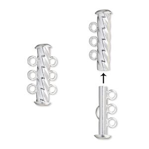 Clasp slide lock 1pkg4 silver-plated, 21x6mm corrugated round tube, brass 3-strand