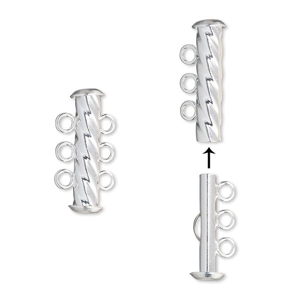 Clasp slide lock 1pkg4 silver-plated, 21x6mm corrugated round tube, brass 3-strand image number 0