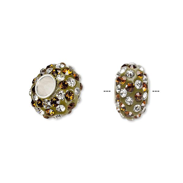 Bead, Dione®, Czech glass rhinestone / epoxy / sterling silver grommets, root beer and clear, 14x8mm rondelle with spiral design, 4.5mm hole. Sold individually. image number 0