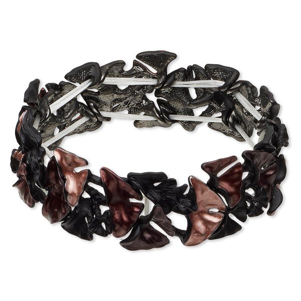 Bracelet, stretch, epoxy and gunmetal-finished "pewter" (zinc-based alloy), 23mm wide with painted flower design, 7 inches. Sold individually. image number 0