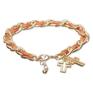 Bracelet, nylon / Czech glass rhinestone / gold-finished steel / "pewter" (zinc-based alloy), orange and clear, 8mm wide with 16x12mm cross, 6-1/2 inches with 1-inch extender chain and lobster claw clasp. Sold individually.