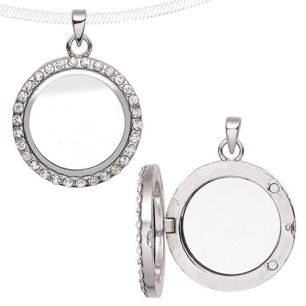 Pendant, glass / glass rhinestone / imitation rhodium-plated "pewter" (zinc-based alloy), clear, 35x29mm round float locket with 22x4mm inside diameter and magnetic closure. Sold individually. image number 0