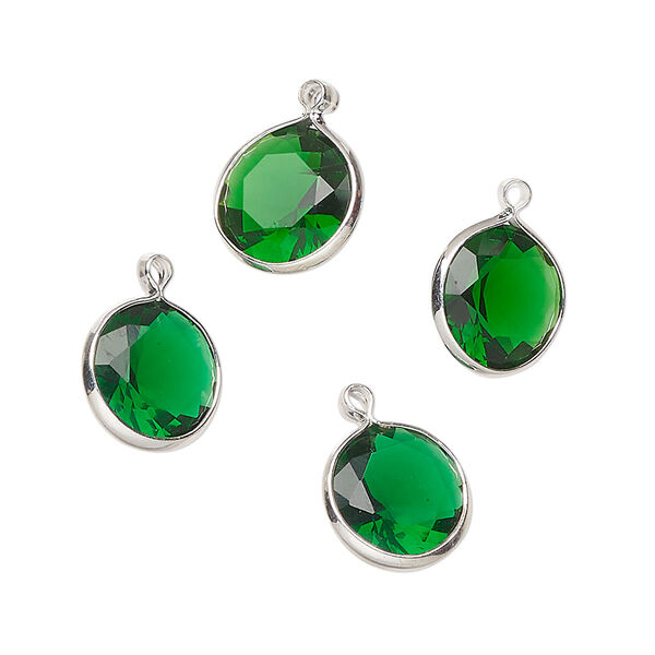 Drop, silver-finished brass, translucent emerald green, 10mm faceted round with open back. Sold per pkg of 4. image number 0