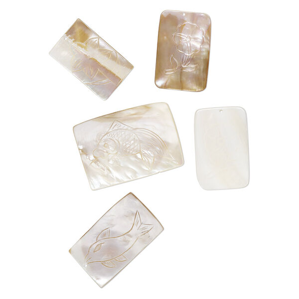 Focal mix, mother-of-pearl shell (natural), 46x29mm-51x31mm carved rectangle with flowers / fish / birds design, Mohs hardness 3-1/2. Sold per pkg of 5. image number 0
