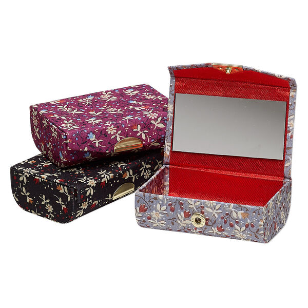 Box, cotton / glass / gold-finished steel, assorted multicolors, 3-3/8 x 2-1/4 inch rectangle with flower design and 3x1-1/2 inch mirror with snap closure. Sold per pkg of 3. image number 0