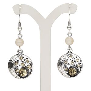 Earring, glass / glass rhinestone / antique silver-plated brass / steel / "pewter" (zinc-based alloy), cream and topaz brown, 2 inches with hammered round and cutout design with fishhook ear wire. Sold per pair.