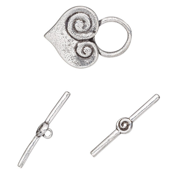 Clasp, toggle, antique silver-plated brass, 22x16mm single-sided scrolled heart. Sold per pkg of 4. image number 0