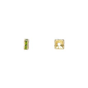 Bead, glass rhinestone and gold-finished brass, peridot green, 4x2mm squaredelle. Sold per pkg of 10.