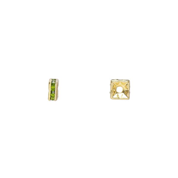 Bead, glass rhinestone and gold-finished brass, peridot green, 4x2mm squaredelle. Sold per pkg of 10. image number 0