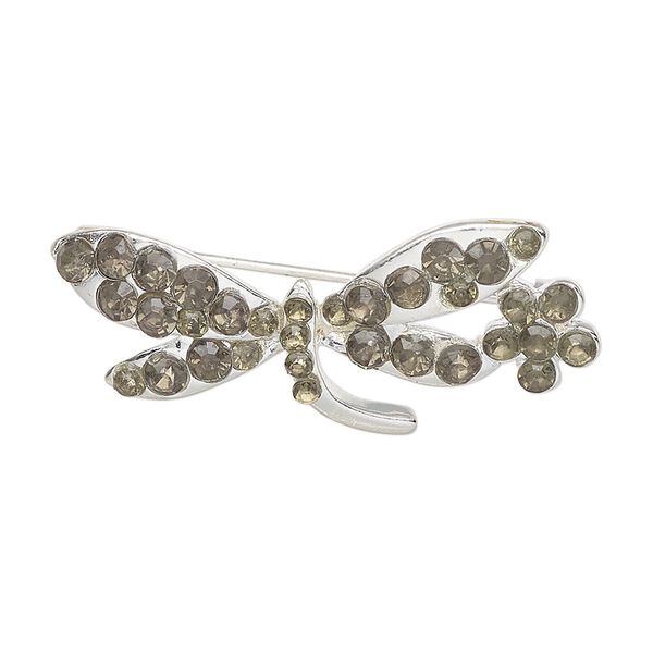 Brooch, silver-finished brass and glass, green, 31x12mm-32x13mm dragonfly with flower. Sold individually. image number 0