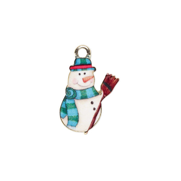 Charm, gold-finished "pewter" (zinc-based alloy) and resin, multicolored, 19x14mm single-sided snowman. Sold individually. image number 0