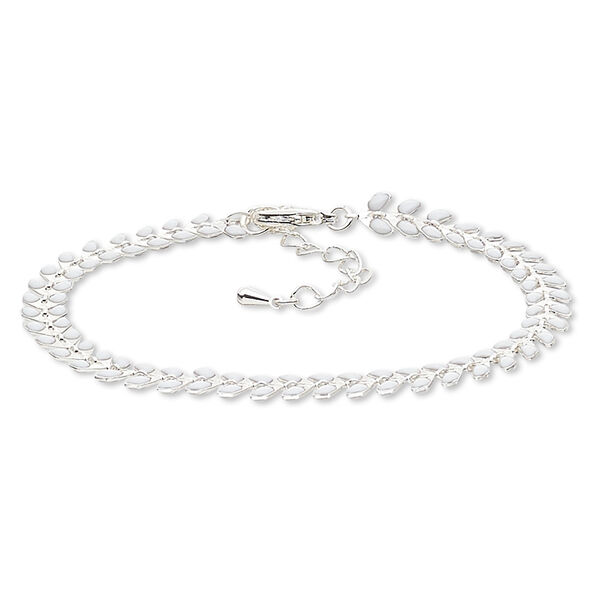 Bracelet, epoxy and silver-plated brass, white, 6.5mm wide with wreath design, 7-1/2 inches with 2-inch extender chain and lobster claw clasp. Sold individually. image number 0