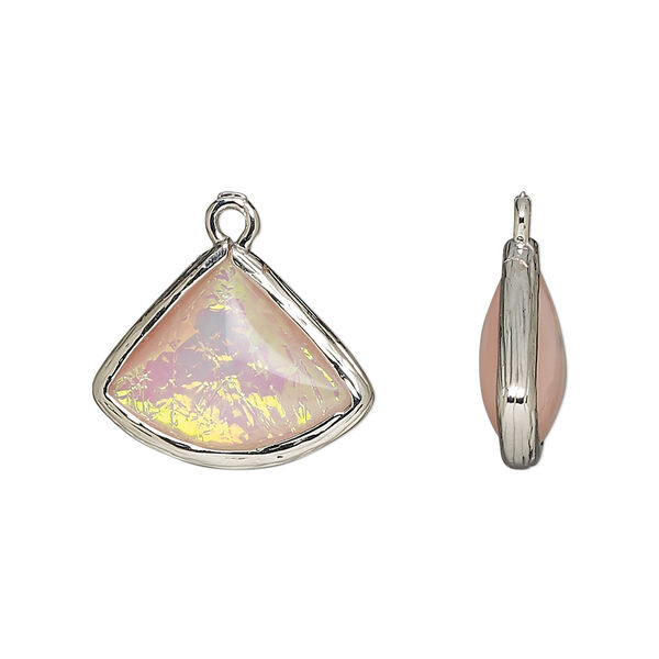 Drop, Opalized Ice™, "opal" (resin) and imitation rhodium-finished brass, opaque light pink, 19x15mm double-sided fan. Sold per pkg of 4. image number 0