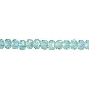Bead, Czech fire-polished glass, light aqua AB, 5x4mm faceted rondelle. Sold per 15-1/2" to 16" strand.