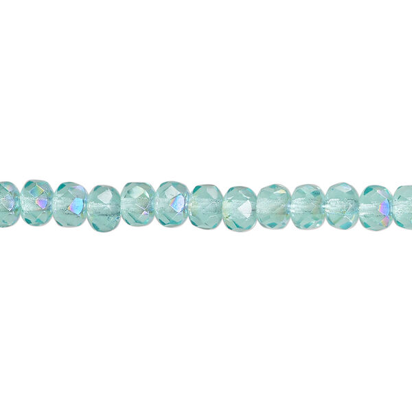 Bead, Czech fire-polished glass, light aqua AB, 5x4mm faceted rondelle. Sold per 15-1/2" to 16" strand. image number 0