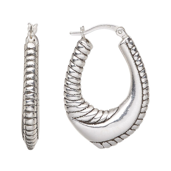 Earring, antiqued sterling silver, electroformed, 32mm wrapped oval hoop with latch-back closure. Sold per pair. image number 0