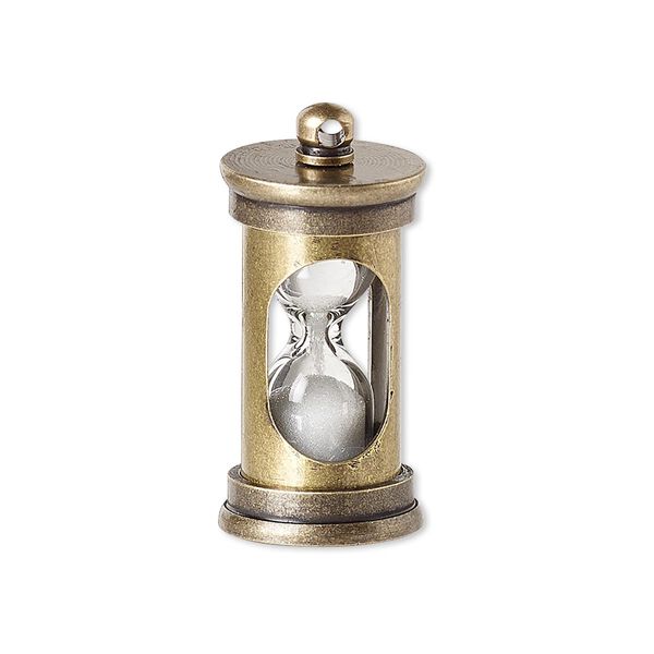 Drop, sand / glass / silicone / antiqued brass, white and clear, 29x14mm hourglass. Sold individually. image number 0