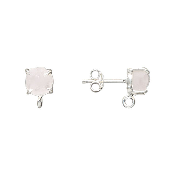 Ear stud, sterling silver and rose quartz (natural), 5-7mm rough nugget with closed loop. Sold per pair. image number 0