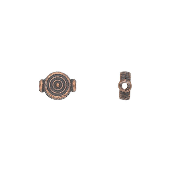 Bead, antique copper-plated "pewter" (zinc-based alloy), 9x7mm double-sided flat round with target design. Sold per pkg of 50. image number 0
