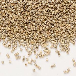 Seed bead, Delica®, glass, pkg/250g, #15 round, opaque 24Kt gold-plated matte light (DBS-0334).