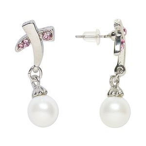 Earring, Everyday Jewelry, antique silver-finished "pewter" (zinc-based alloy) / glass / acrylic pearl, pink and white, 34mm with post. Sold per pair.