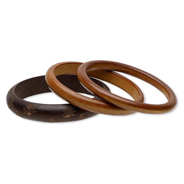 Bracelet, bangle, stained wood, dark and light brown, 8-15mm wide with etched butterfly design, 7-1/2 inches. Sold per pkg of 3. image number 0