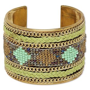 Bracelet, cuff, polyester / glass / brass, iridescent multicolored, 52mm wide with diamond design, 7 inches. Sold individually.
