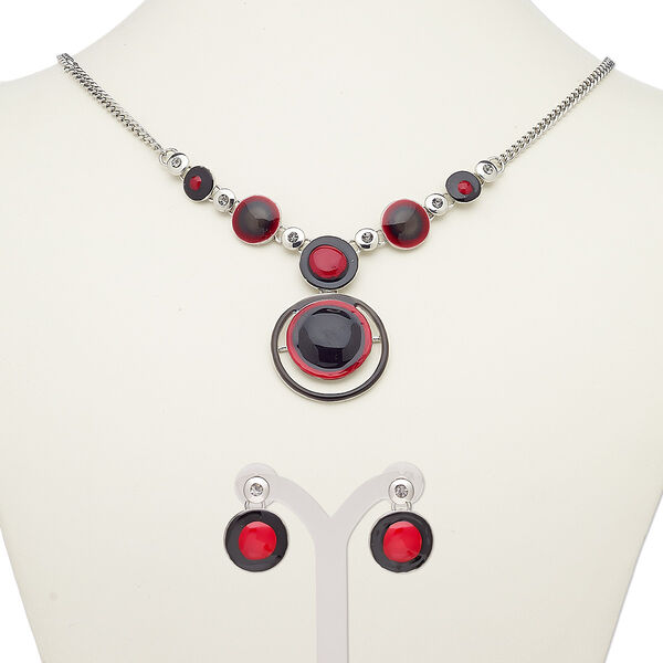 Necklace and earring set, enamel / glass rhinestone / silver-plated steel / "pewter" (zinc-based alloy), black / red / grey, 29mm round, 18-inch necklace with 2-inch extender chain and lobster claw clasp, 19mm earrings with post. Sold per set. image number 0