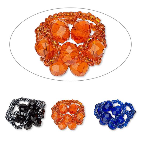 Ring, stretch, glass, orange / cobalt blue / black, 20mm flower, size 8-10. Sold per pkg of 3. image number 0