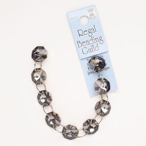 Link steel glass 9pk 14mm faceted octagon, silver finish smoky