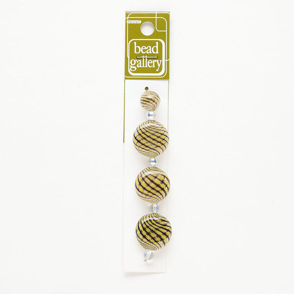 Bead 1pkg4 handblown glass, 12mm round / 20-22mm puffed flat round / line design, assortment translucent brown / clear / yellow image number 0