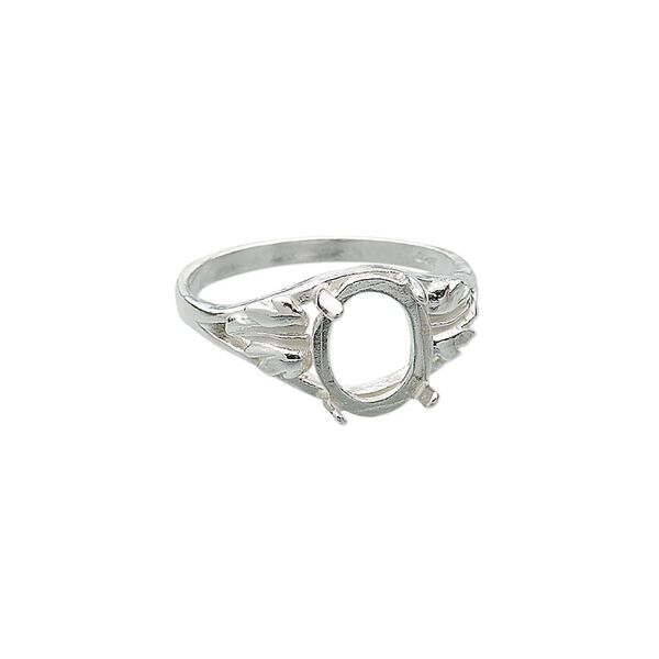 Ring, Sure-Set™, sterling silver, two-leaf band with 10x8mm 4-prong oval setting, size 7. Sold individually. image number 0