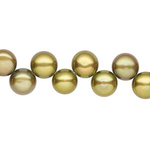 Pearl, cultured freshwater (dyed), olive green, 8-9mm top-drilled flat-sided round with 0.4-0.5mm hole, B- grade, Mohs hardness 2-1/2 to 4. Sold per 14-inch strand.