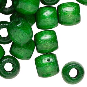 Bead, wood (dyed), green, 12x11mm barrel. Sold per 4-ounce pkg, approximately 222 beads.