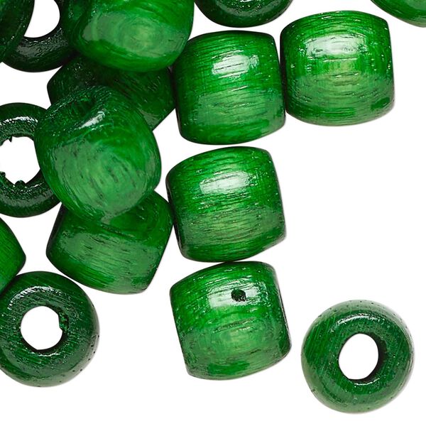 Bead, wood (dyed), green, 12x11mm barrel. Sold per 4-ounce pkg, approximately 222 beads. image number 0