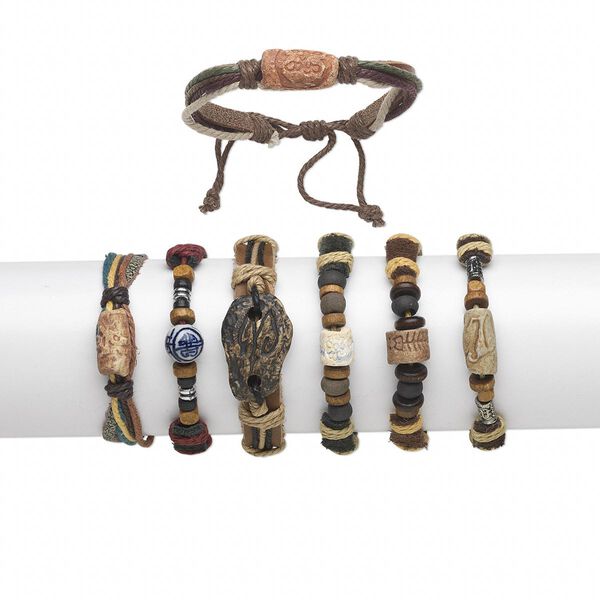 Bracelet, wood / bone (natural) / cotton / porcelain, multicolored, adjustable from 6-1/2 to 10 inches with wrapped knot closure. Sold per pkg of 6. image number 0