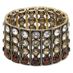 Bracelet, stretch, glass rhinestone and antique gold-finished "pewter" (zinc-based alloy), multicolored, 38.5mm wide with 4-row design, 7 inches. Sold individually.