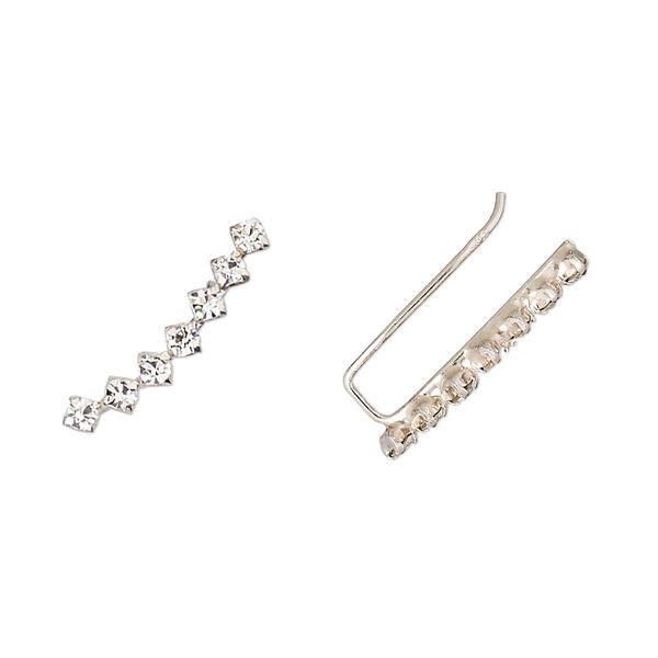 Earring, Create Compliments®, sterling silver and glass rhinestone, clear, 19x4mm left- and right-facing curved ear climber, 23 gauge. Sold per pair. image number 0