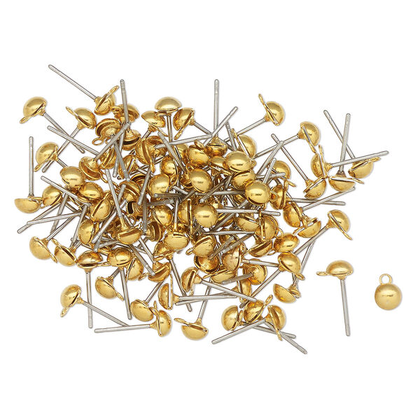 Earstud, gold-finished stainless steel, 12mm half-ball. Sold per pkg of 100. image number 0
