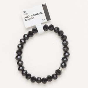 Bracelet, stretch, silver-finished brass and glass, black, 8mm faceted rondelle and 5x6mm rondelle with bottom loop, 6-1/2 inches. Sold individually.