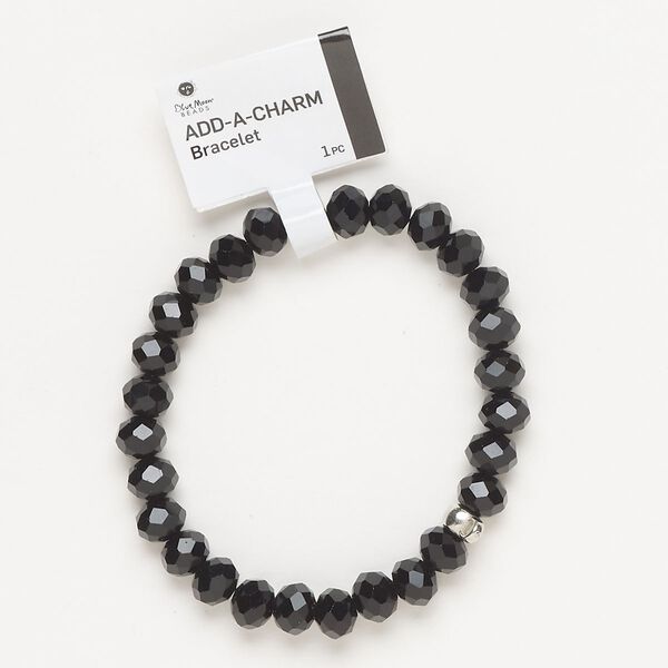 Bracelet, stretch, silver-finished brass and glass, black, 8mm faceted rondelle and 5x6mm rondelle with bottom loop, 6-1/2 inches. Sold individually. image number 0