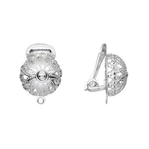 Earring clip-on 1pkg10 silver-plated, 15mm / 12mm filigree half-ball / closed loop, brass 5 pair