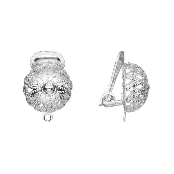 Earring clip-on 1pkg10 silver-plated, 15mm / 12mm filigree half-ball / closed loop, brass 5 pair image number 0