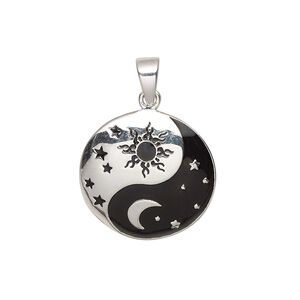 Pendant, sterling silver and enamel, black, 20mm single-sided domed round with yin-yang and celestial designs. Sold individually.