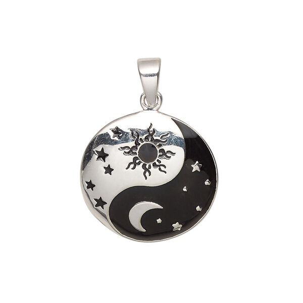 Pendant, sterling silver and enamel, black, 20mm single-sided domed round with yin-yang and celestial designs. Sold individually. image number 0