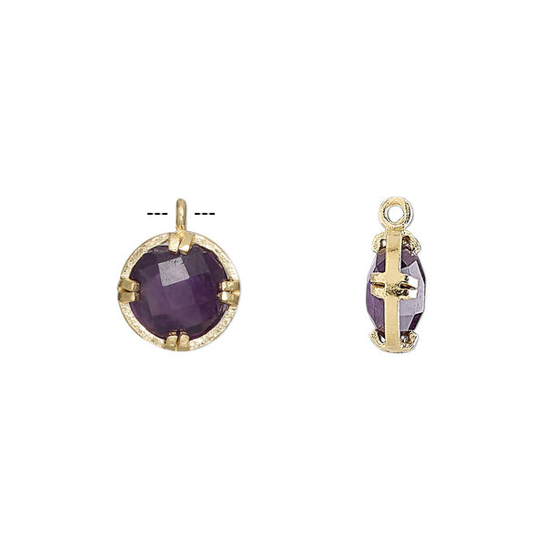 Drop, amethyst (natural) and gold-finished sterling silver, 10mm double-sided faceted round. Sold individually. image number 0