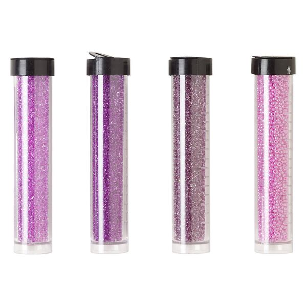 Seed bead assortment, Ming Tree™, glass, pkg/(4) 4 x 3/4 inch vials, #11 round, opaque and transparent color-lined ceylon lilac, amethyst purple and purple. image number 0