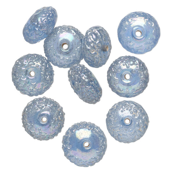 Bead, lampworked glass, translucent aqua blue AB, 15x8mm textured rondelle. Sold per pkg of 10. image number 0