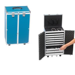 Display case, aluminum with PVC surface finish, silver and blue, 24 x 15 x 10-1/4 inches with 10 pull-out drawers, adjustable pop-up handle and wheels. Sold individually.